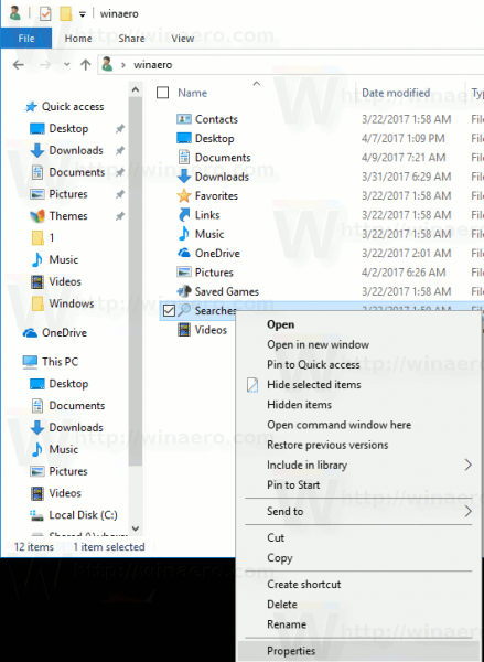 Windows 10 Searches Folder Properties