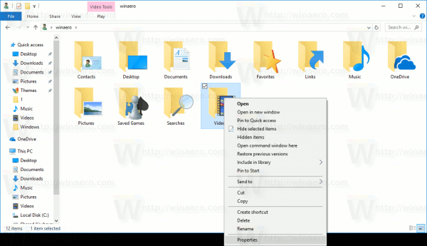 Меню свойств папки видео в Windows 10