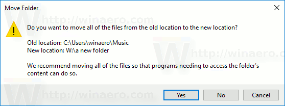 Папка перемещения музыки в Windows 10