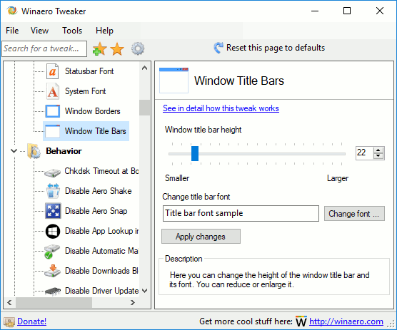 Настройки строки заголовка Windows 10 в Tweaker