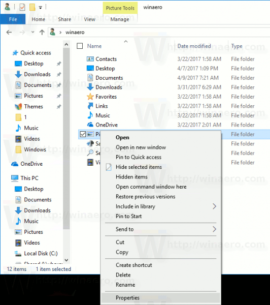 Windows Pictures Folder Properties