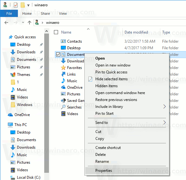 Documents Properties Context Menu