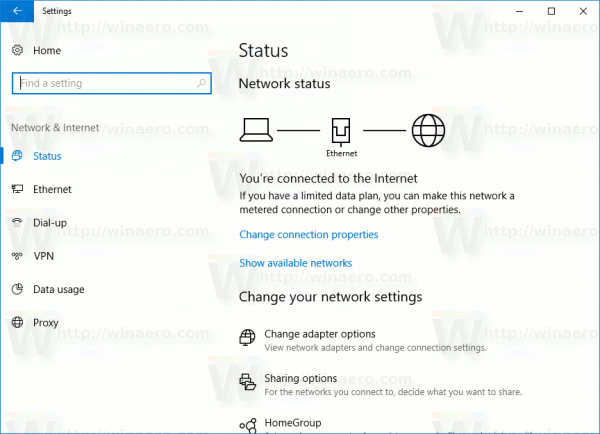 Страница состояния сети Windows 10