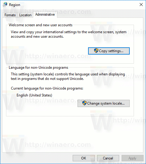 Вкладка администрирования окна региона Windows 10