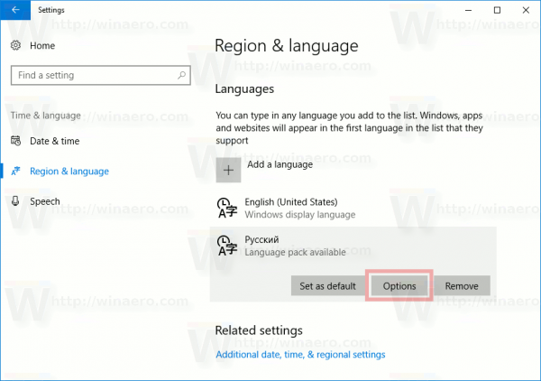 Windows 10 Language List Options Button