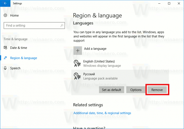 Windows 10 Удалить язык