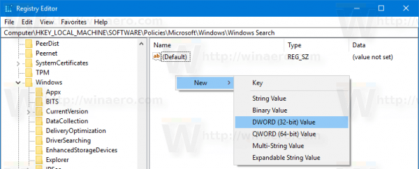 Create DWORD Value Under Windows Search 