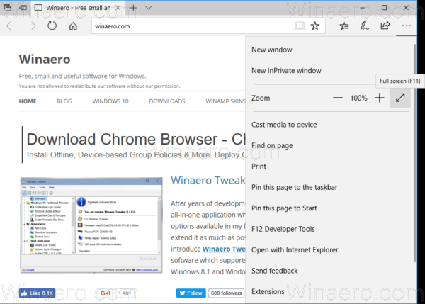 Edge Enable Fullscreen Windows 10 