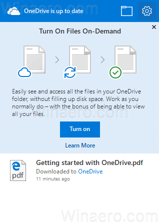 OneDrive Flyout With Settings Icon 