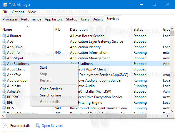 Task Manager Windows 10 Service Context Menu 