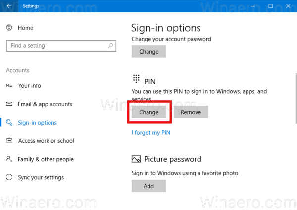 Windows 10 Change Pin Button 