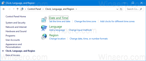 Регион и язык часов Windows 10