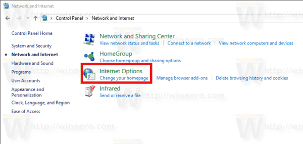 Windows 10 Control Panel Internet Options Link