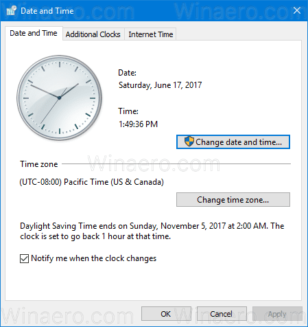 Классическая дата и время Windows 10