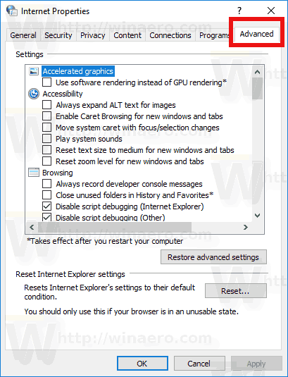 Windows 10 Internet Properties Advanced Tab