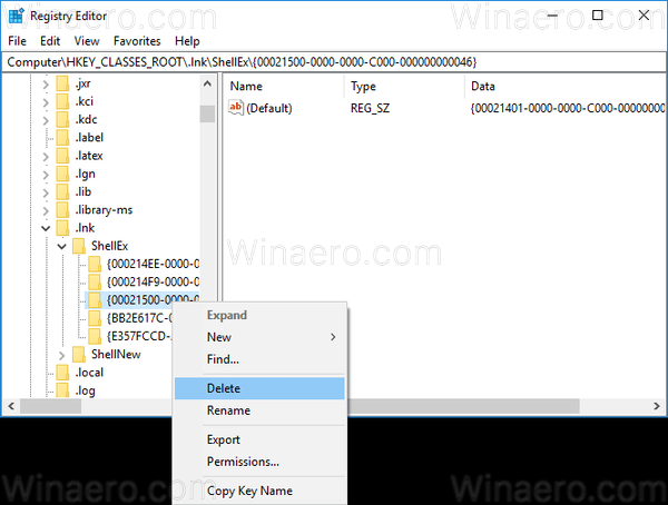 Windows 10 Lnk Delete Subkey 