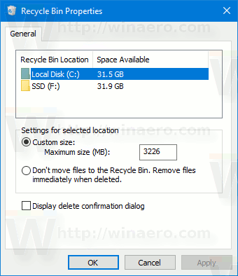 Windows 10 Recycle Bin Properties