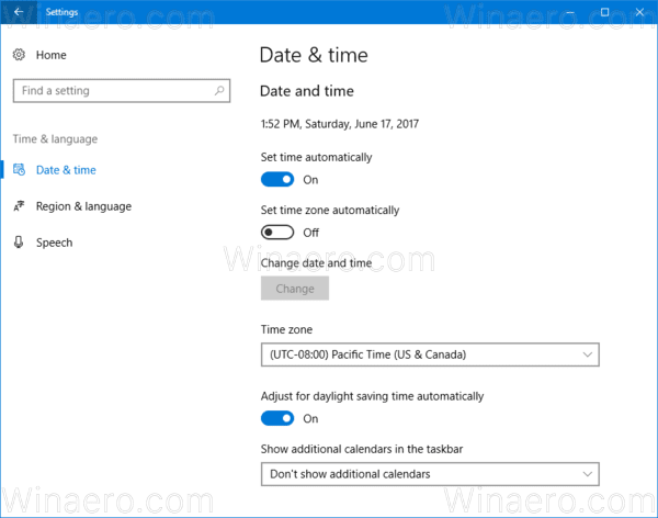 Дата и время настроек Windows 10