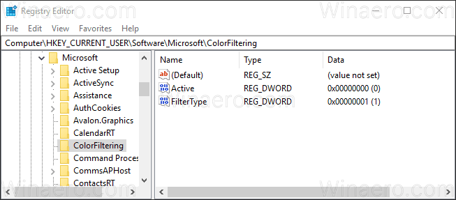 windows color filter registry key