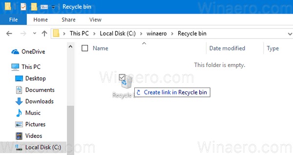 Windows 10 Создать ярлык для корзины 1