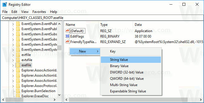 Windows 10 Exefile New String Value 