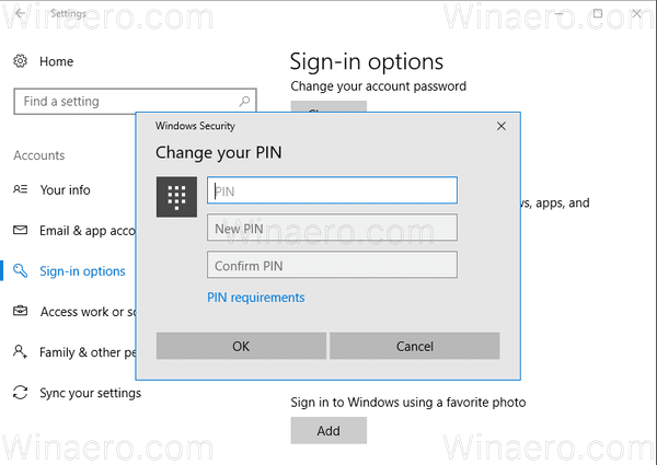 Change PIN For a User Account in Windows 10