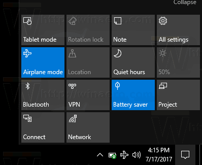 Battery Saver Button In Action Center Windows 10