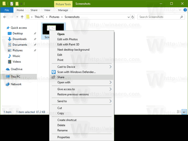 Контекстное меню Modern Share Windows 10