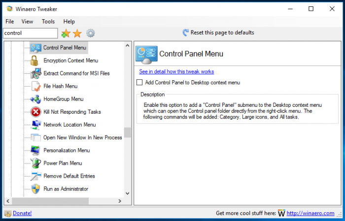 Winaero Tweaker Control Panel Menu