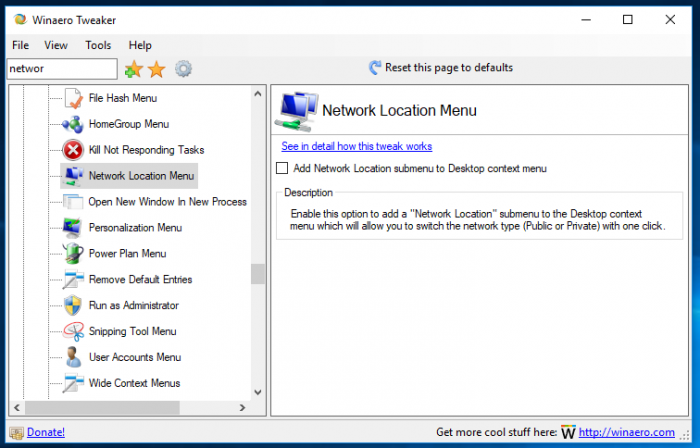 Winaero Tweaker Network Location Menu