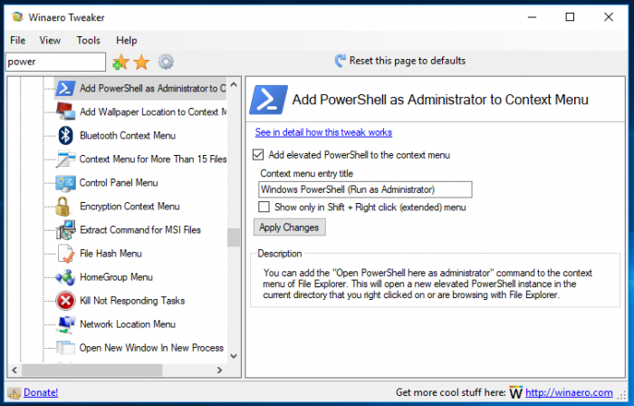 Winaero Tweaker Powershell Menu