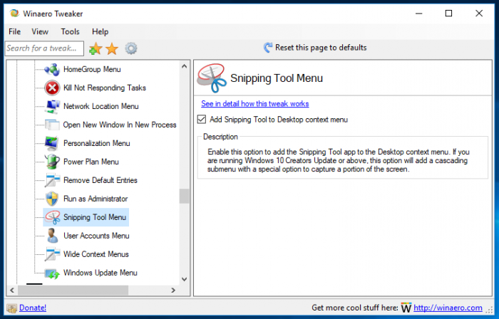 Winaero Tweaker Snipping Tool Menu