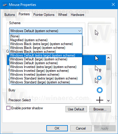 Схема указателя свойств мыши Windows 10