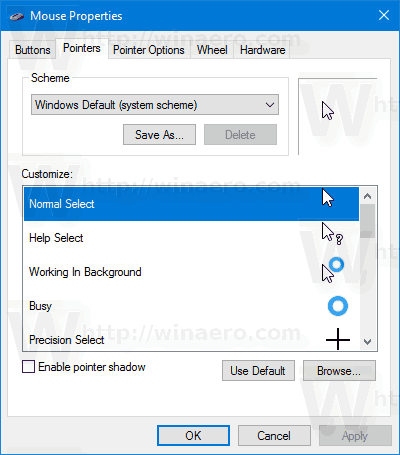 Вкладка указателей свойств мыши в Windows 10