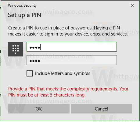 Требование к длине PIN-кода Windows 10