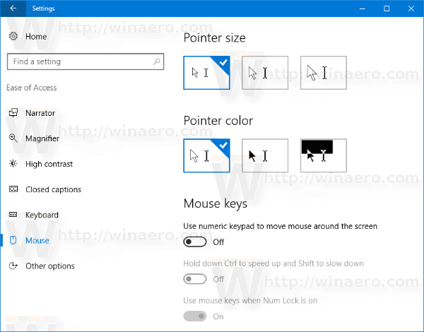 Указатель мыши в настройках Windows 10