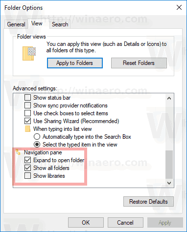 Folder Options Nav Pane