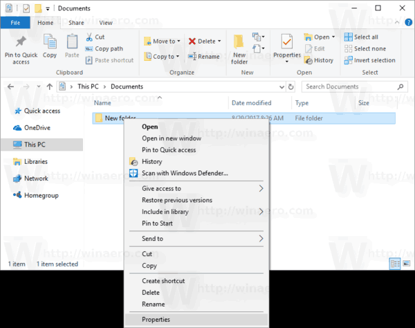 Папка Контекстное меню Windows 10