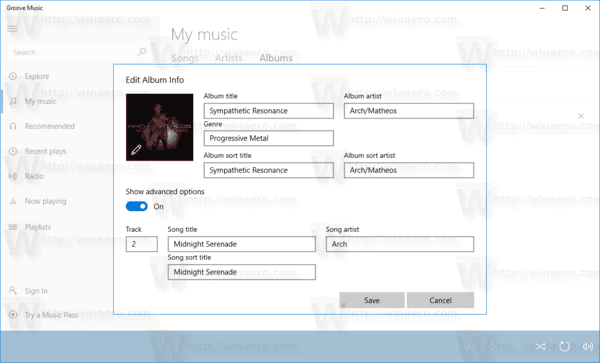 Groove Music Edit Info Dialog