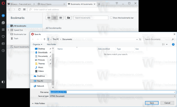 Opera 47 Export Bookmarks Dialog