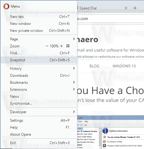 Opera Snapshot Command Menu