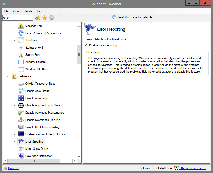 Winaero Tweaker Disable Error Reporting