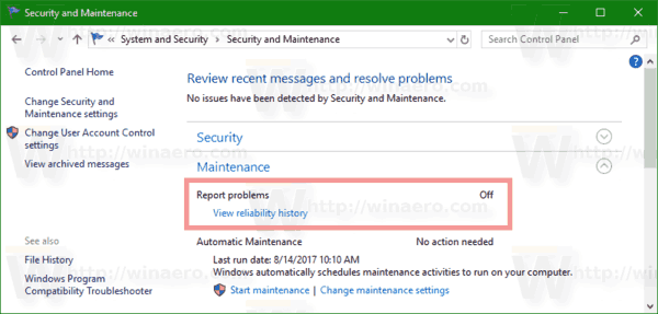 Отчеты об ошибках Windows 10 отключены