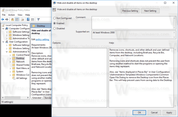 Windows 10 Скрыть значки рабочего стола Gp