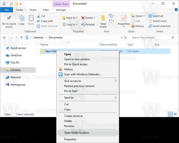 Расположение открытой папки библиотеки Windows 10