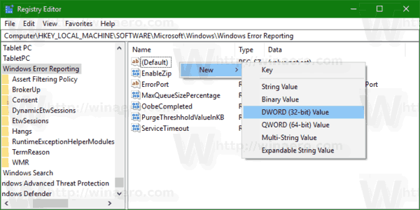 Windows Error Reporting Create New Dword