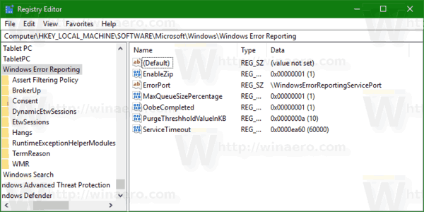 Ключ реестра отчетов об ошибках Windows
