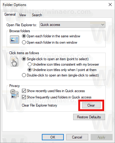 Clear File Explorer History Windows 10