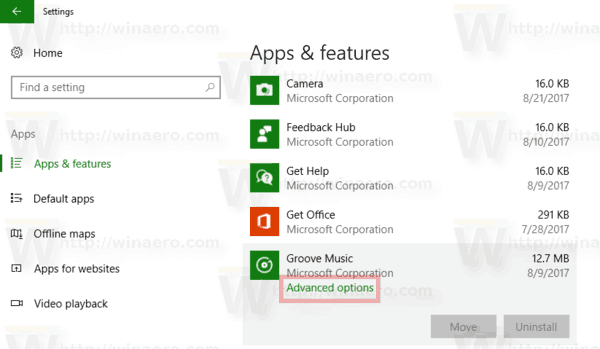 Groove Music Advanced Options Link In App List