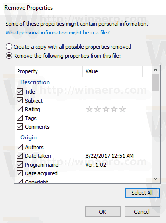 Удалить всю информацию Exif Windows 10